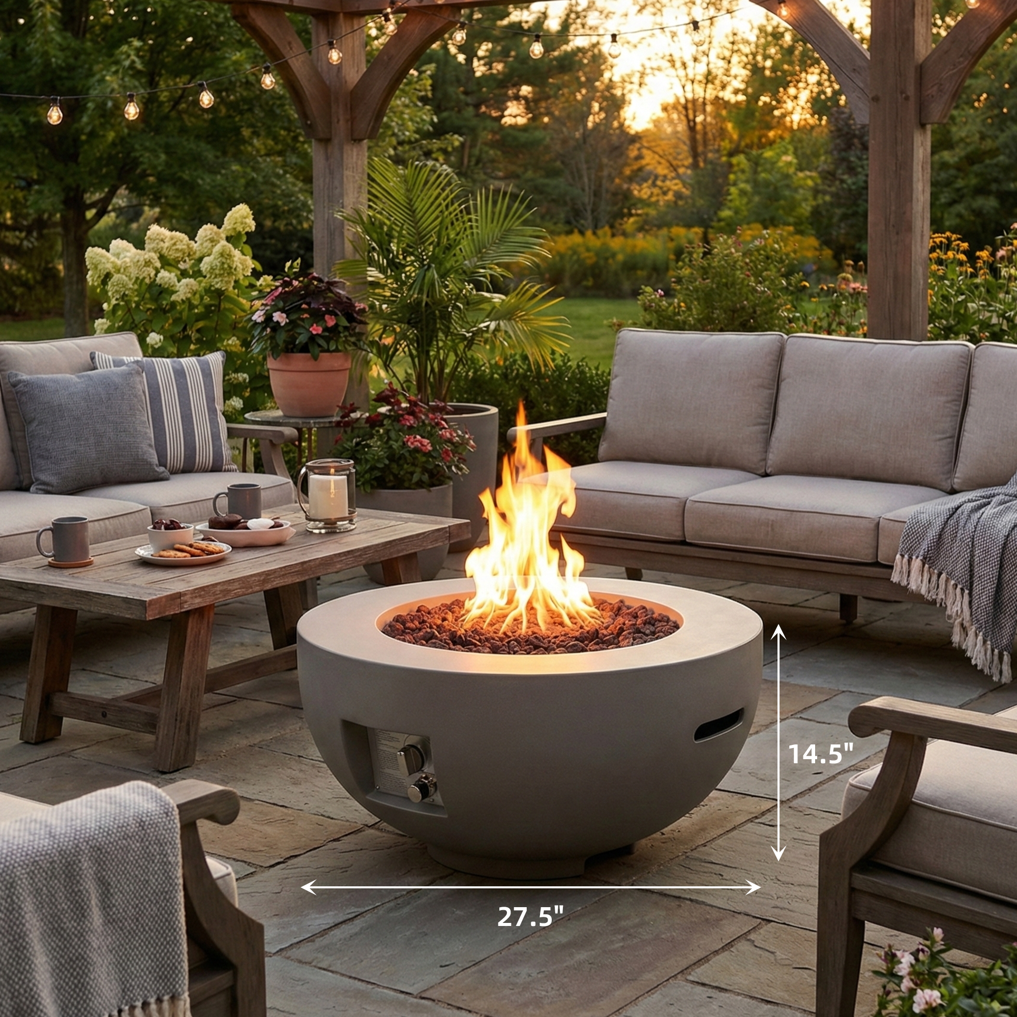 28-Inch Round Propane Fire Pit, Outdoor Gas Fire Bowl with Lava Rocks