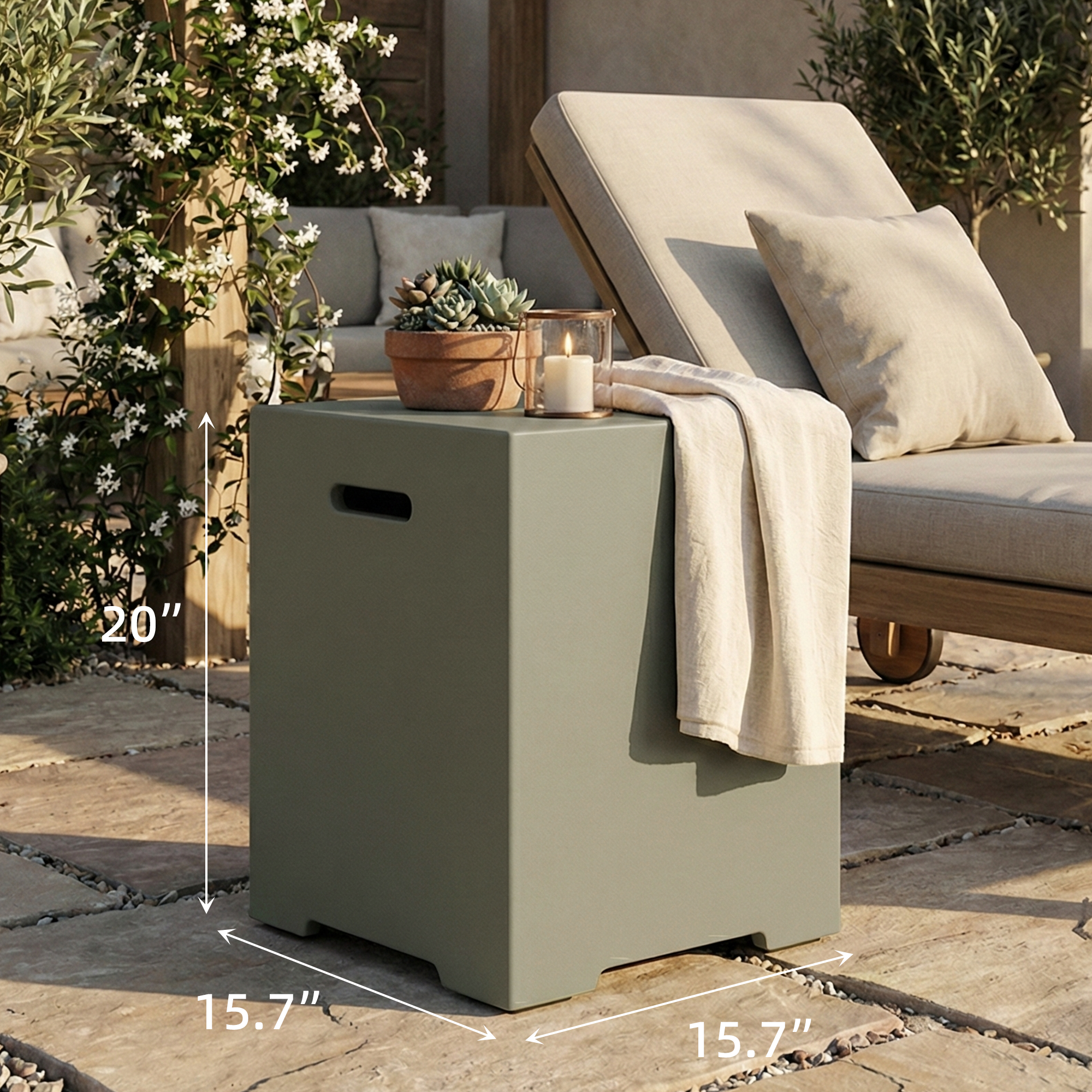 Outdoor Propane Tank Cover Side Table in White and Grey, 20lb Gas Tank Cover for Gas Fire Pit, Grill, Griddle & Stoves