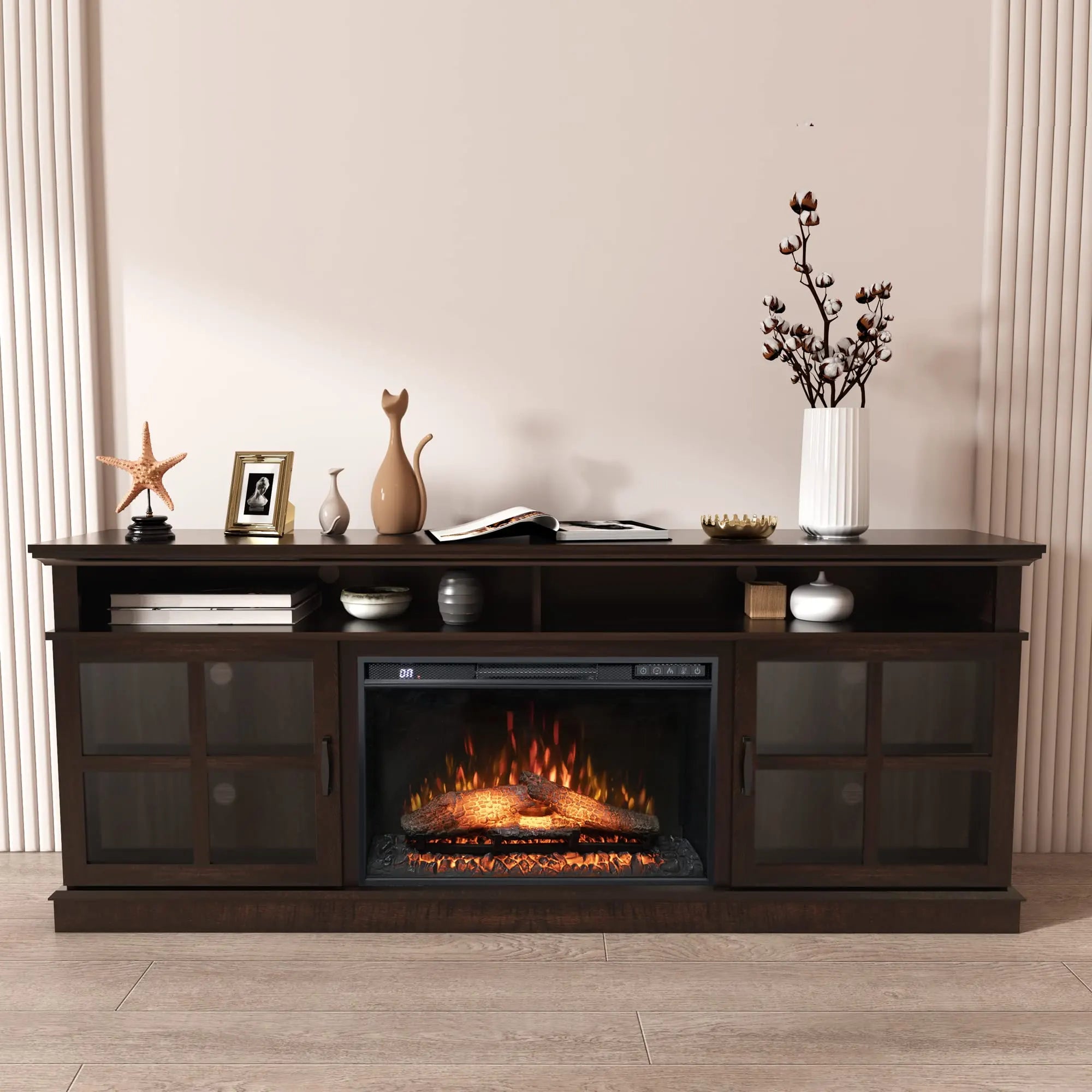 TV Stand with 26 inch Electric Fireplace Glass Door(Logs)