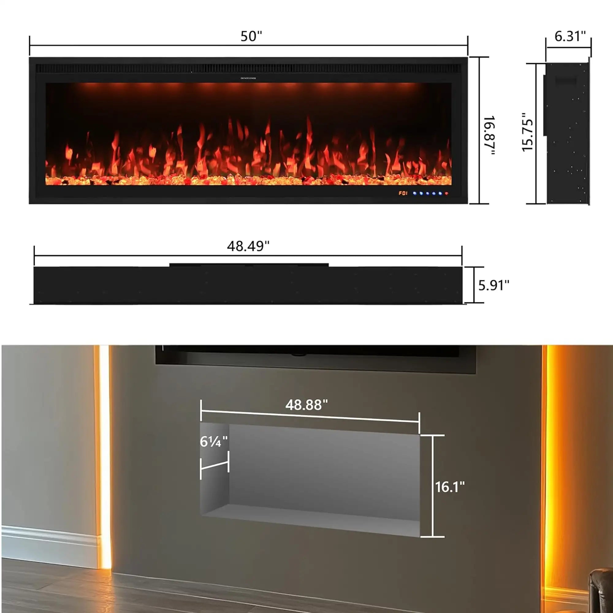 50 Inch Recessed/Wall Mounted Smart Electric Fireplace