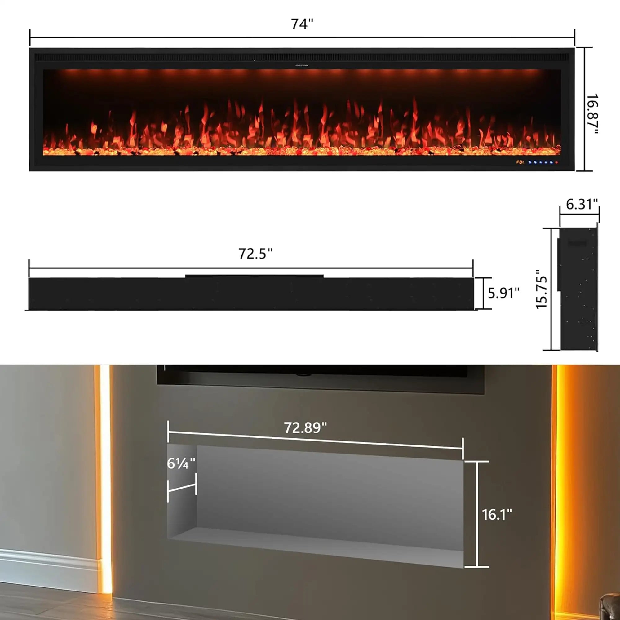 Smart Electric Fireplace 74 Inch Recessed/Wall Mounted