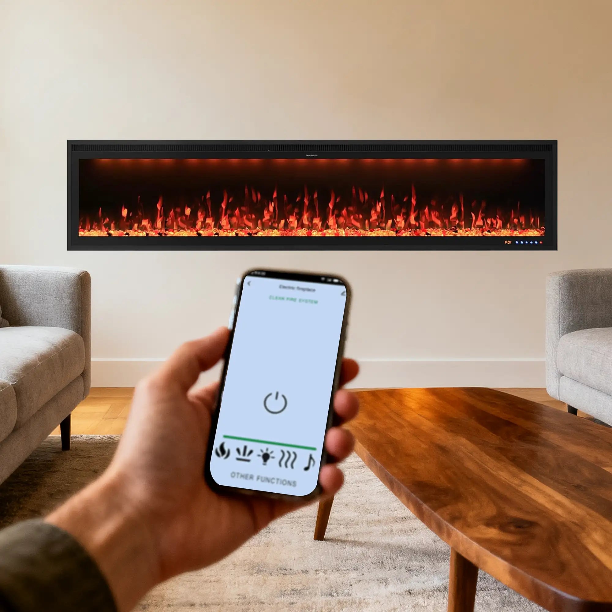 Smart Electric Fireplace 74 Inch Recessed/Wall Mounted