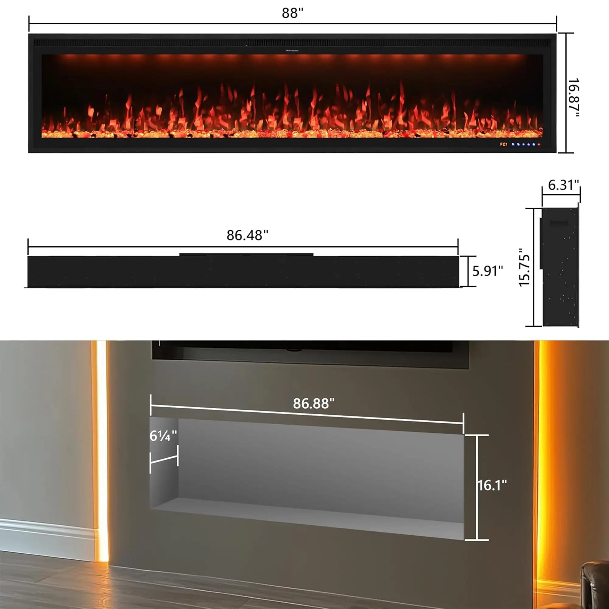 Smart Electric Fireplace 88 Inch Recessed/Wall Mounted