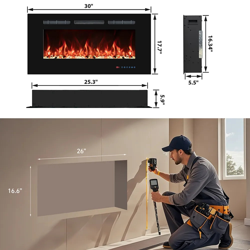 FlameLine EFR Electric Fireplace, Linear Wall-Mount or Recessed Fireplace with Crystal and Log Set, Remote Control
