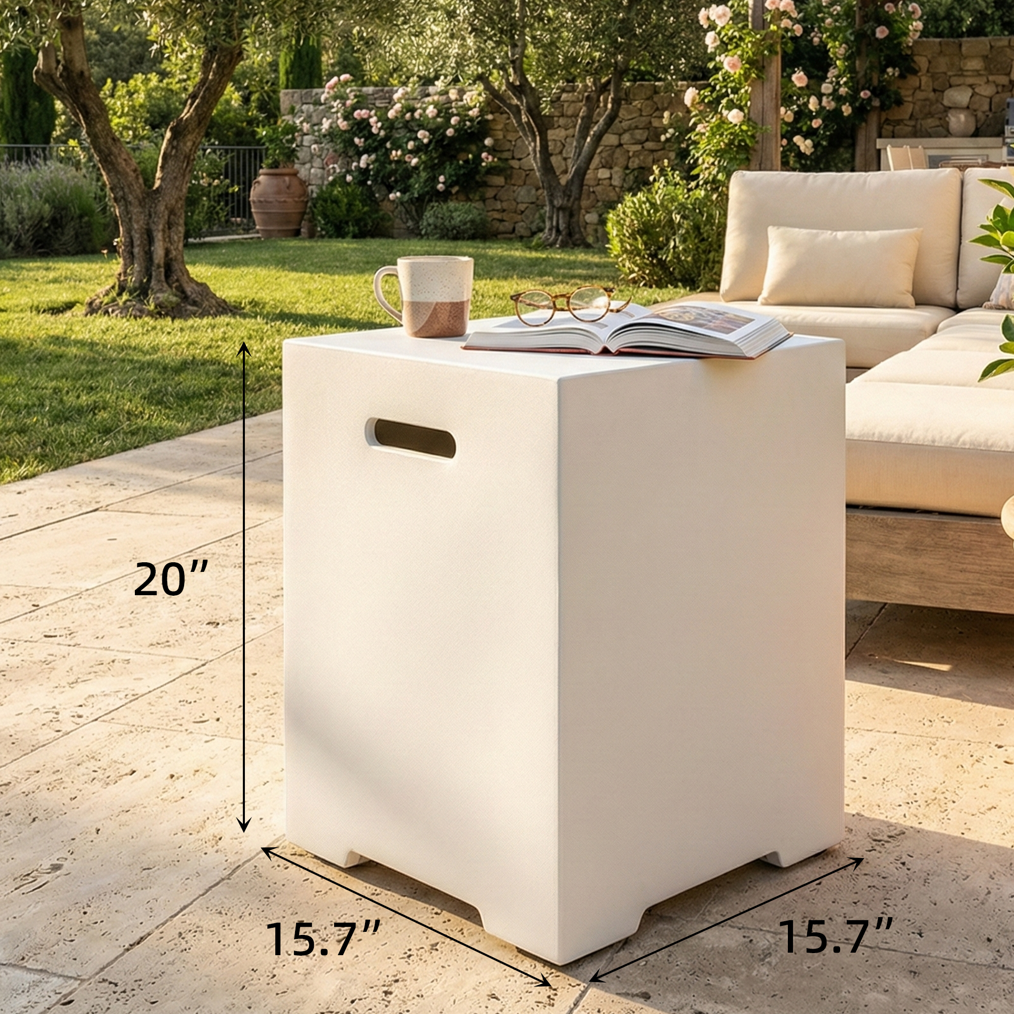 Outdoor Propane Tank Cover Side Table in White and Grey, 20lb Gas Tank Cover for Gas Fire Pit, Grill, Griddle & Stoves