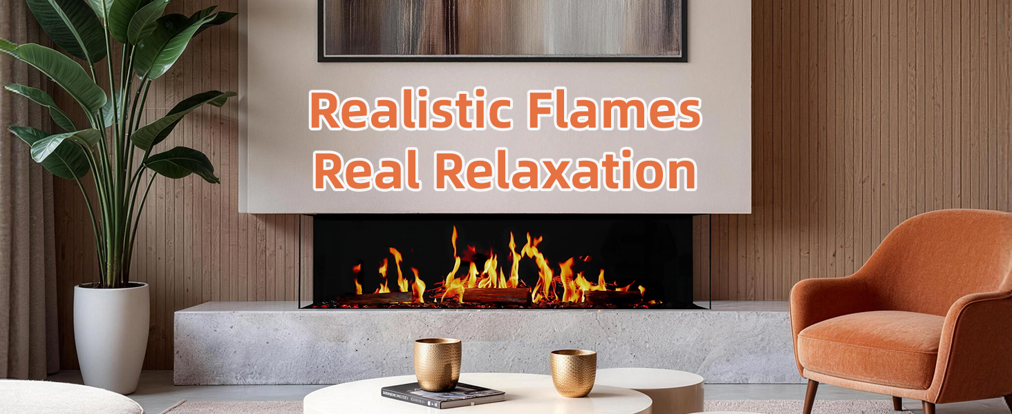 45-Inch Panoramic 3-Sided Recessed Electric Fireplace | Ultra-Realistic LCD Flames - Detail 1
