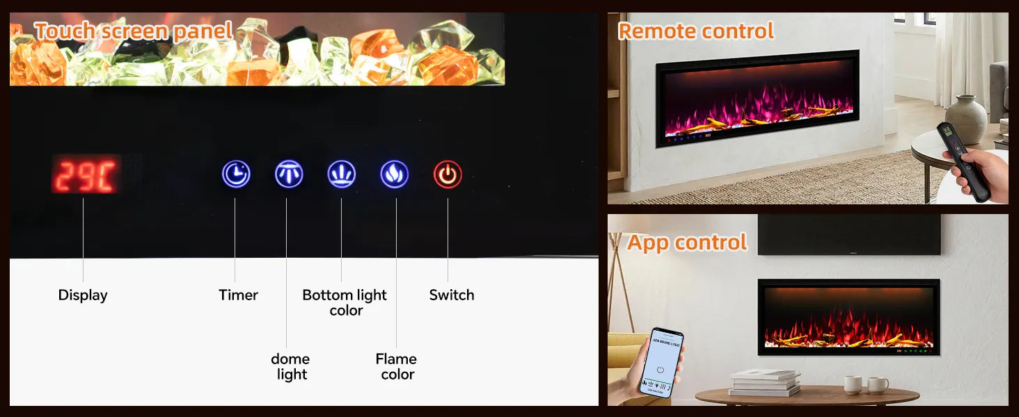 Smart Electric Fireplace 74 Inch Recessed/Wall Mounted - Detail 2