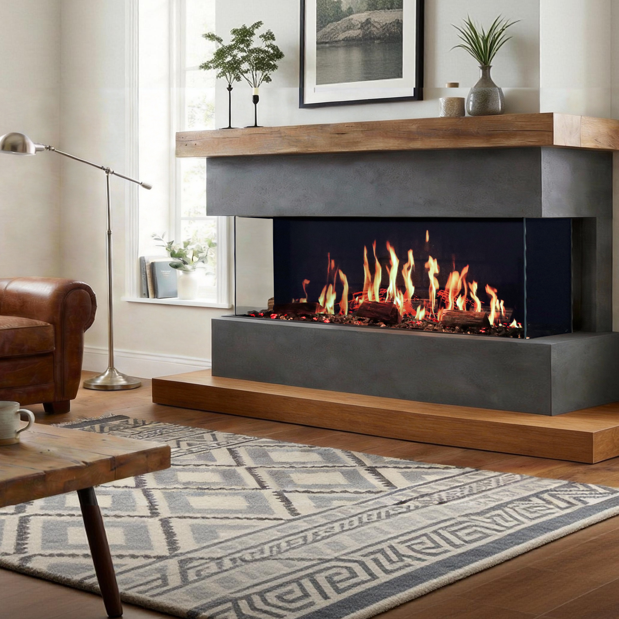 50-Inch Panoramic 3-Sided Recessed Electric Fireplace | Ultra-Realistic LCD Flames