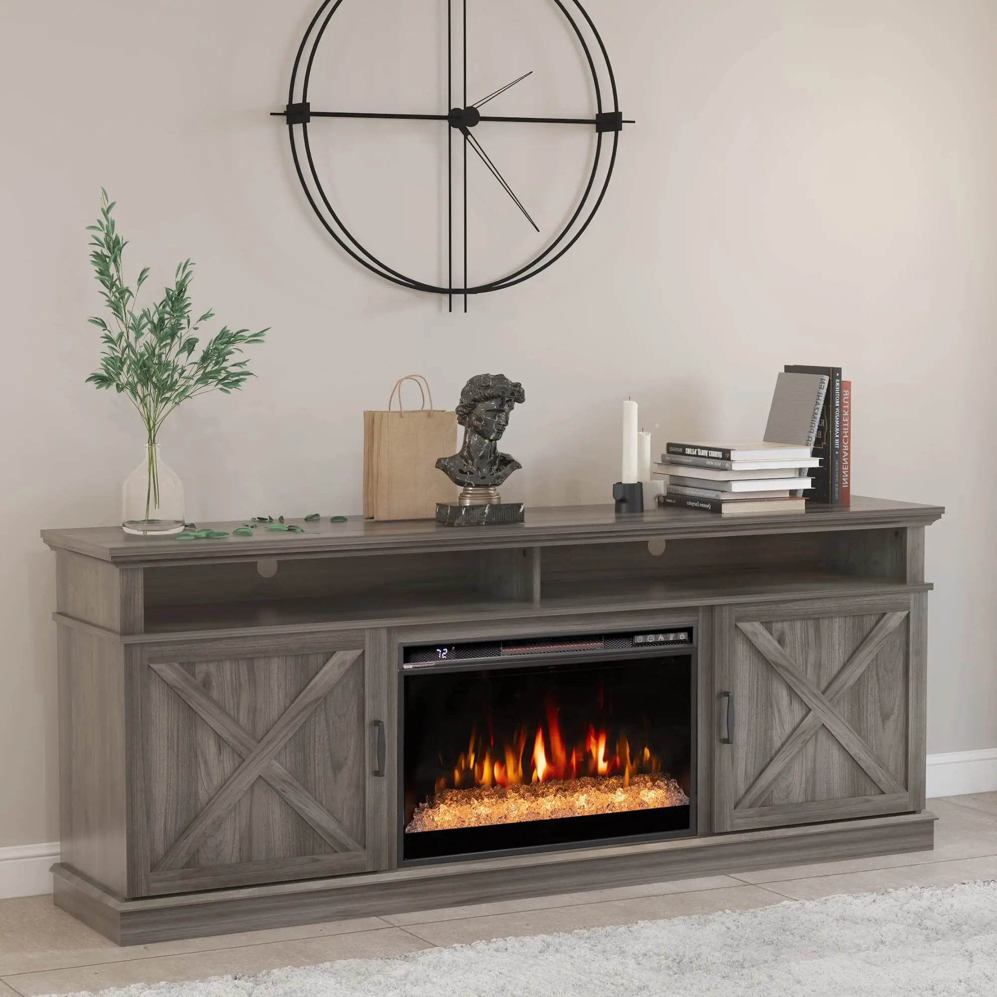 Fireplace TV Stand with 26 inch Electric Fireplace (Crystal)