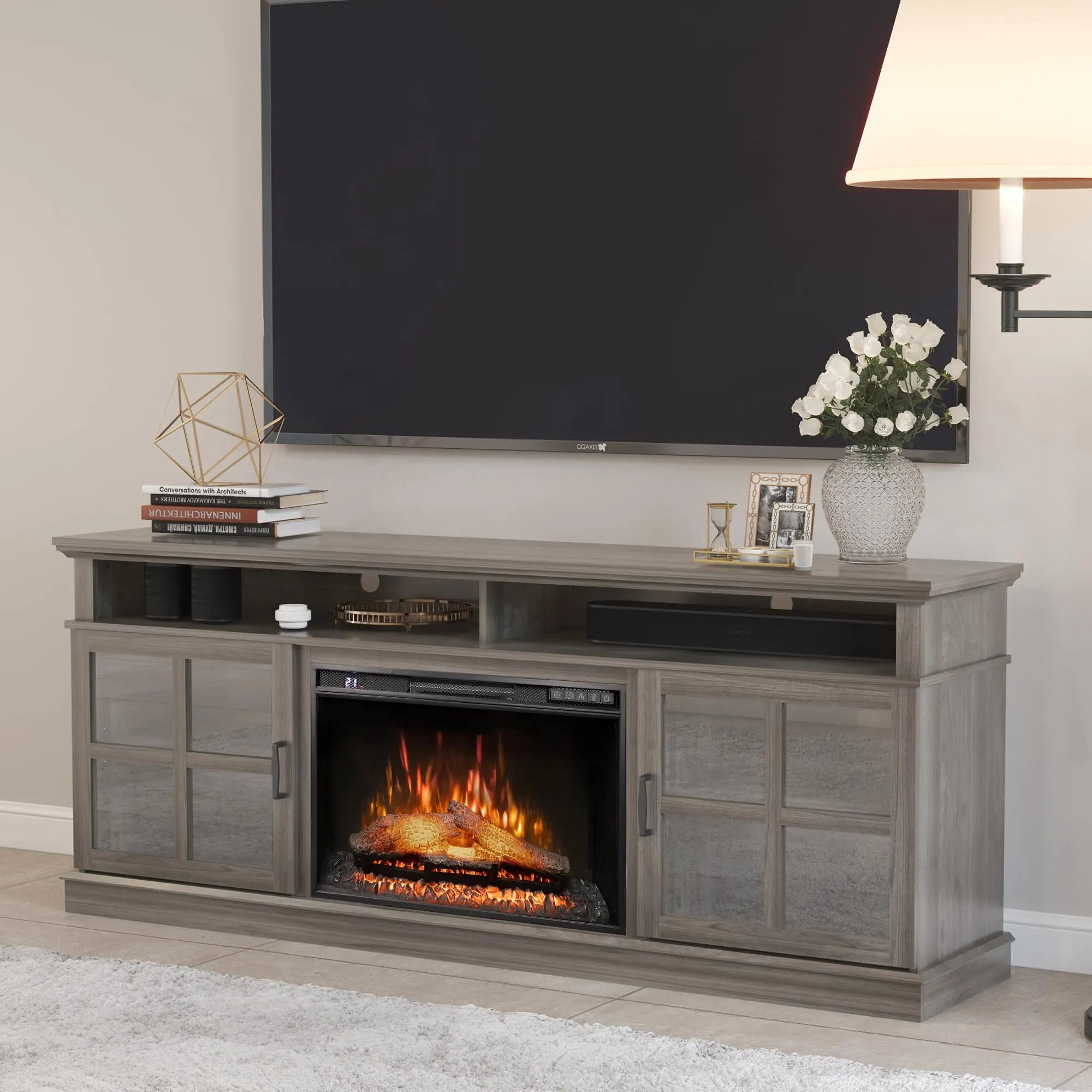 TV Stand with 26 inch Electric Fireplace Glass Door(Logs)